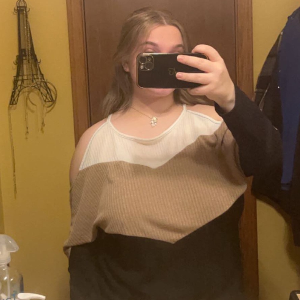 off the shoulder white brown and black shirt